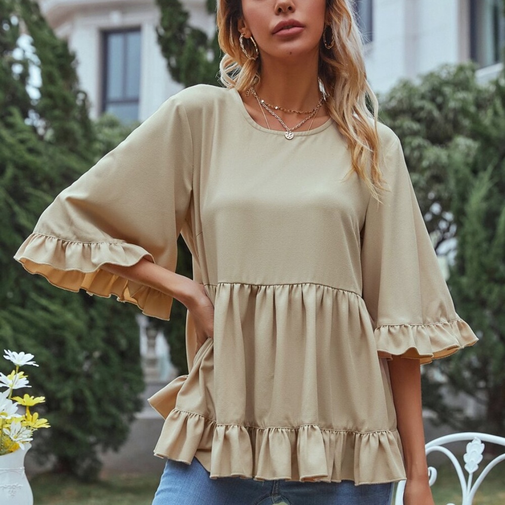 khaki ruffle babydoll boho loose fit blouse - Picture 2 of 5